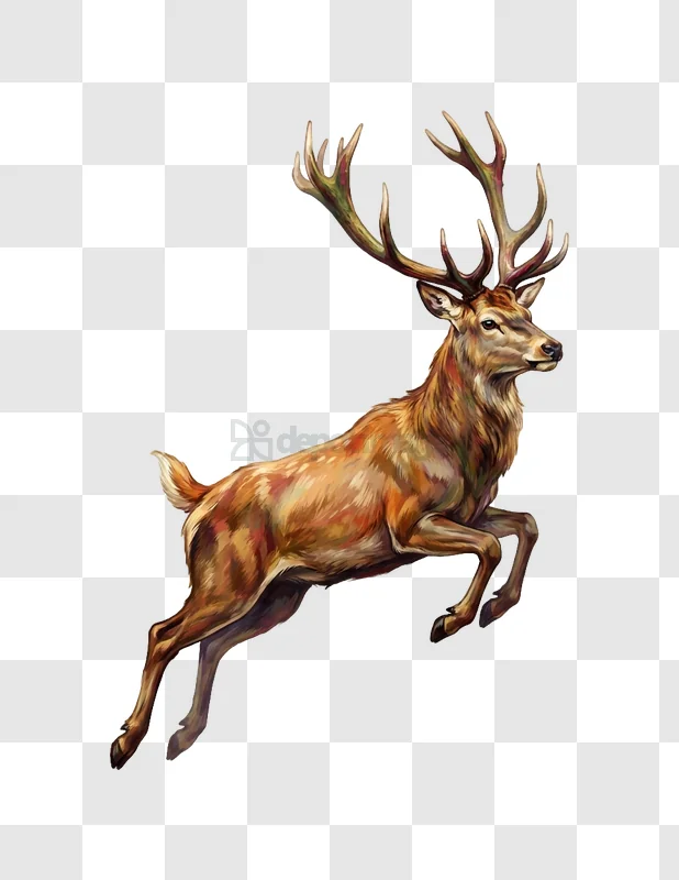 Deer With Large Antlers Leaping Gracefully painted style transparent background