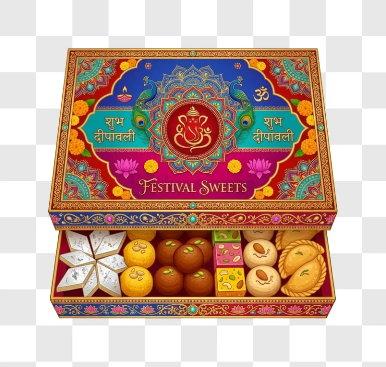 Diwali Festival Sweets Assortment Box colorful illustration with traditional Indian sweets