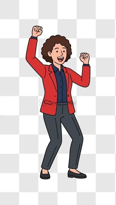 Excited Businesswoman Celebrating Fists cartoon style red blazer