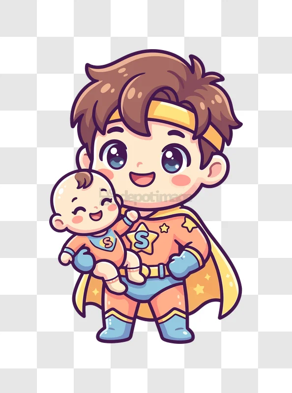 Father Superhero Holding a Baby cute cartoon style, orange and blue colors