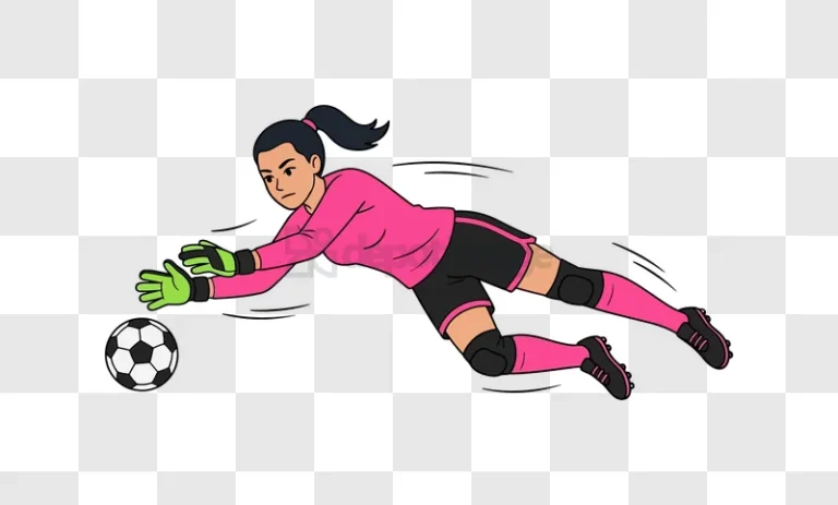 Female Goalkeeper Diving for Soccer Ball cartoon style pink black