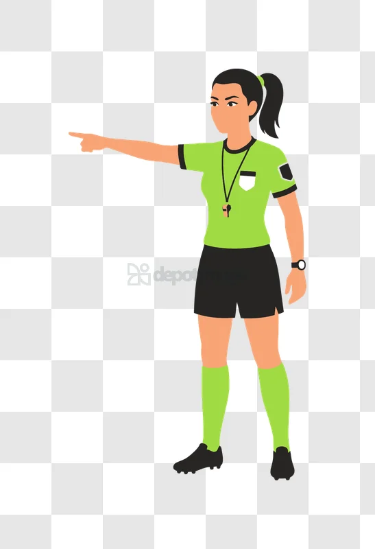 Female Referee Pointing Finger in Game, flat illustration green black