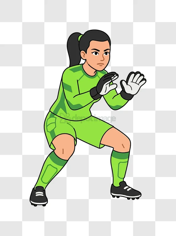 Female Soccer Goalkeeper Ready Pose cartoon style green uniform
