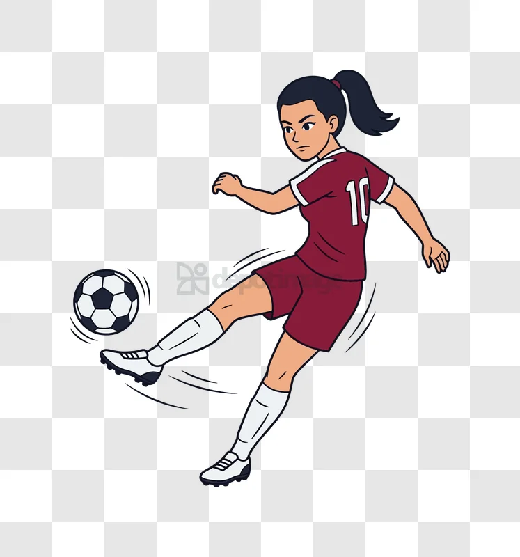 Female Soccer Player Kicking Ball Action cartoon style maroon uniform