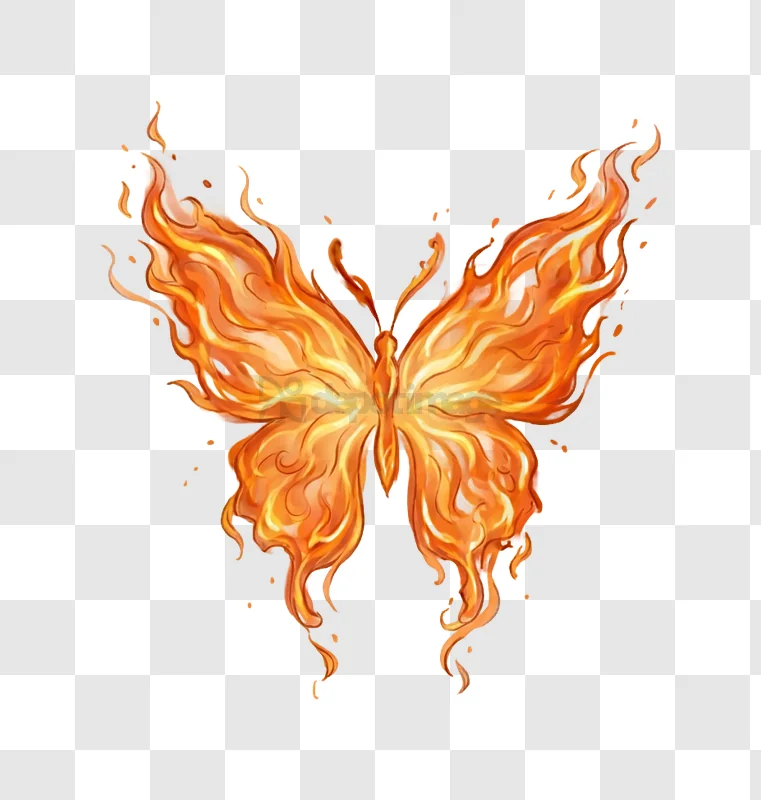 Fiery Butterfly Illustration With Vibrant Orange and Yellow Flames glowing orange yellow transparent background