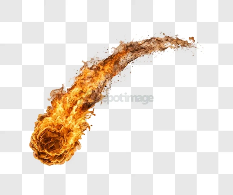 Fiery Comet or Meteor With Burning Tail dynamic orange flames transparent background