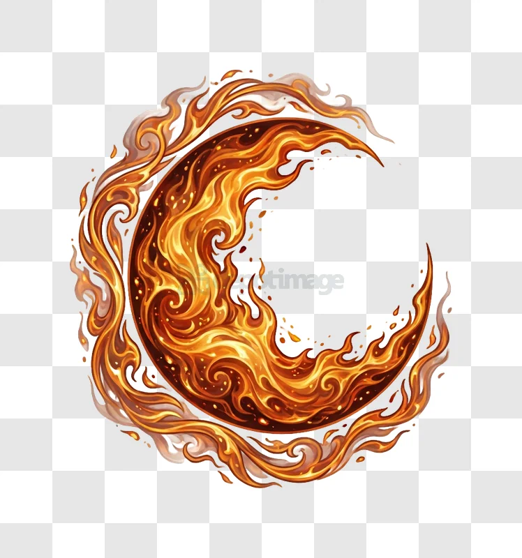 Fiery Crescent Moon Swirling in Space intricate flames transparent background