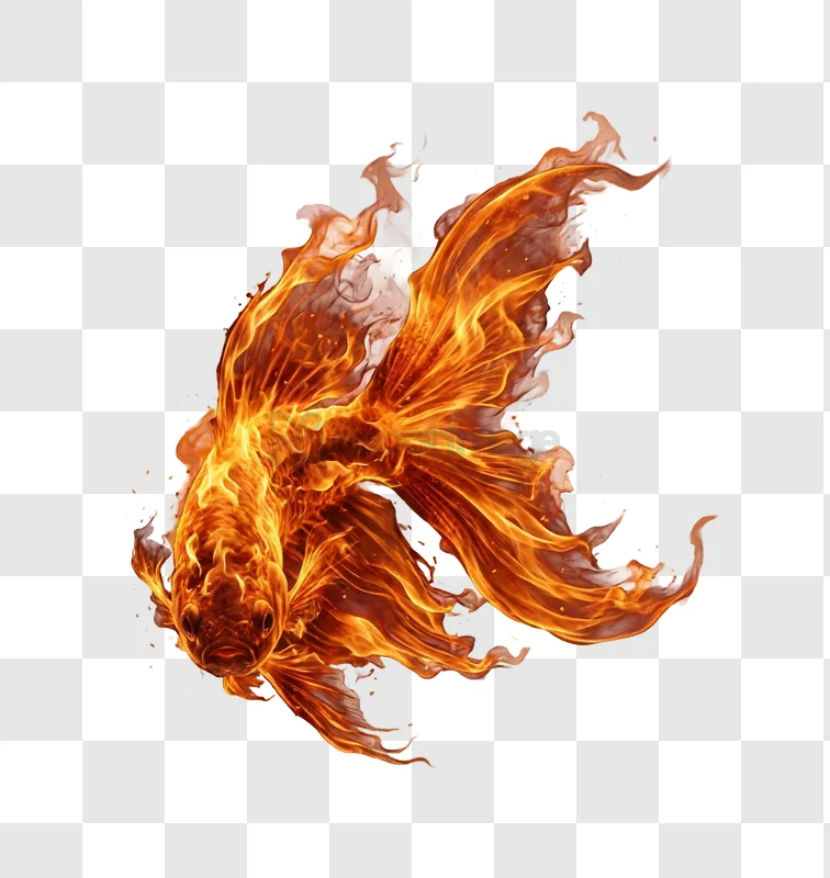 Fiery Goldfish Swimming With Vibrant Orange and Red Flames transparent background glowing effect