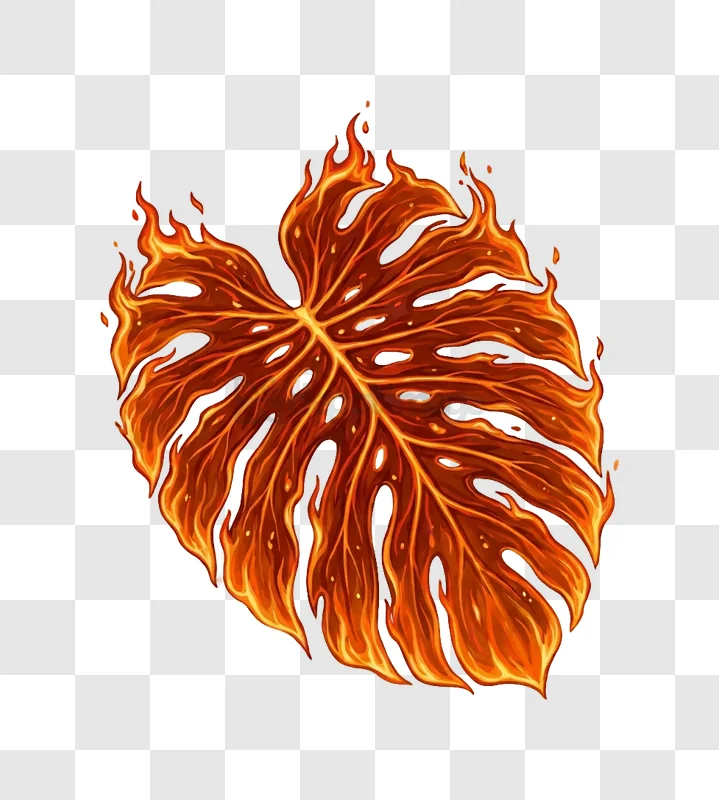 Fiery Leaf Burning With Intense Flames vibrant orange red glowing transparent