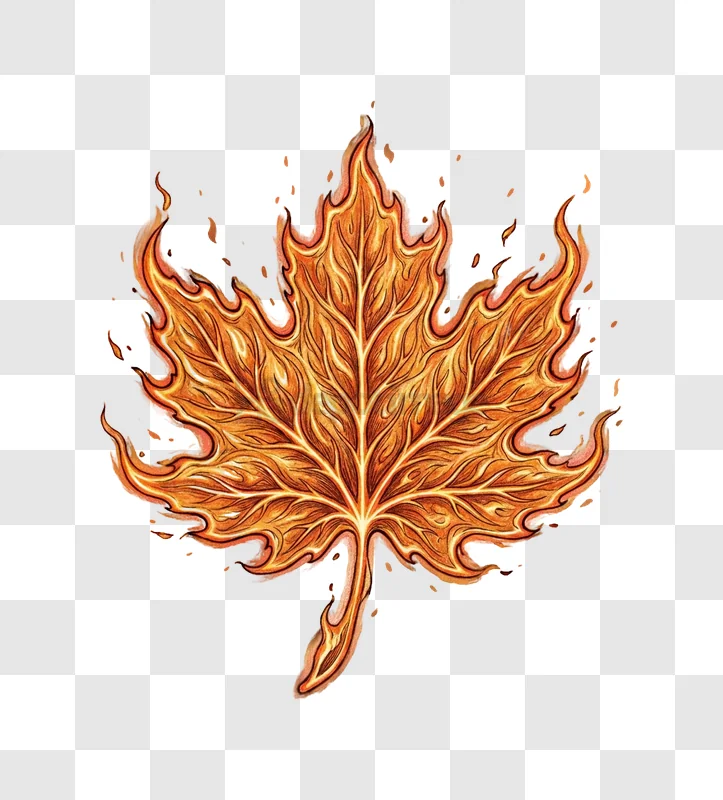 Fiery Maple Leaf Illustration With Burning Edges and Sparks, vibrant orange burning transparent background