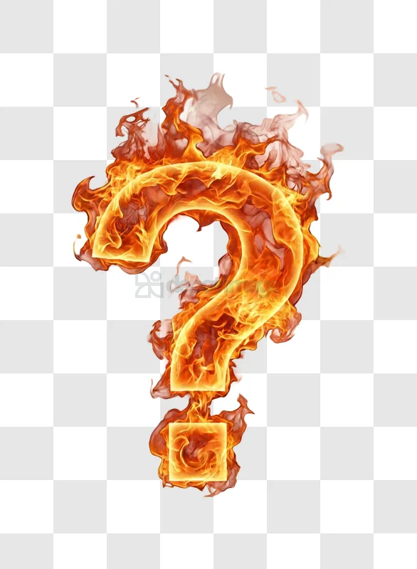 Fiery Question Mark Burning Brightly Against a dark background, vibrant orange and red flames