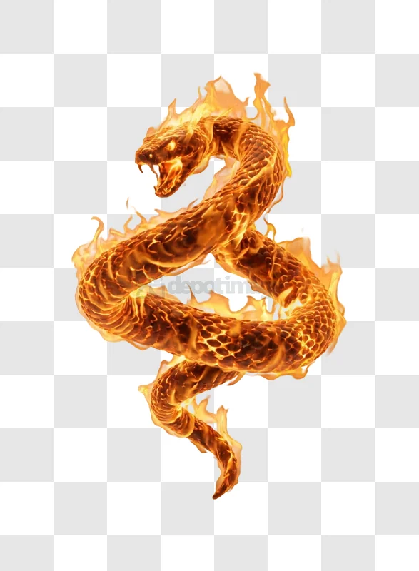 Fiery Serpent Dragon Illustration With Blazing Scales and Intense Eyes glowing orange fire transparent