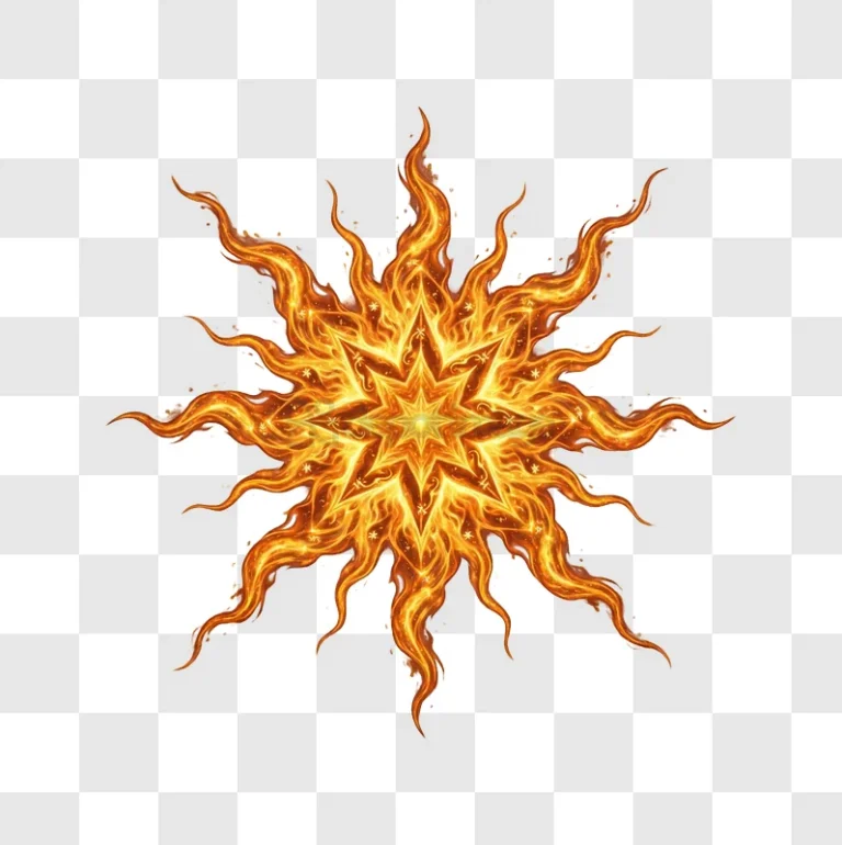 Fiery Sunburst Radiating Warmth in White Space intricate flame pattern transparent background