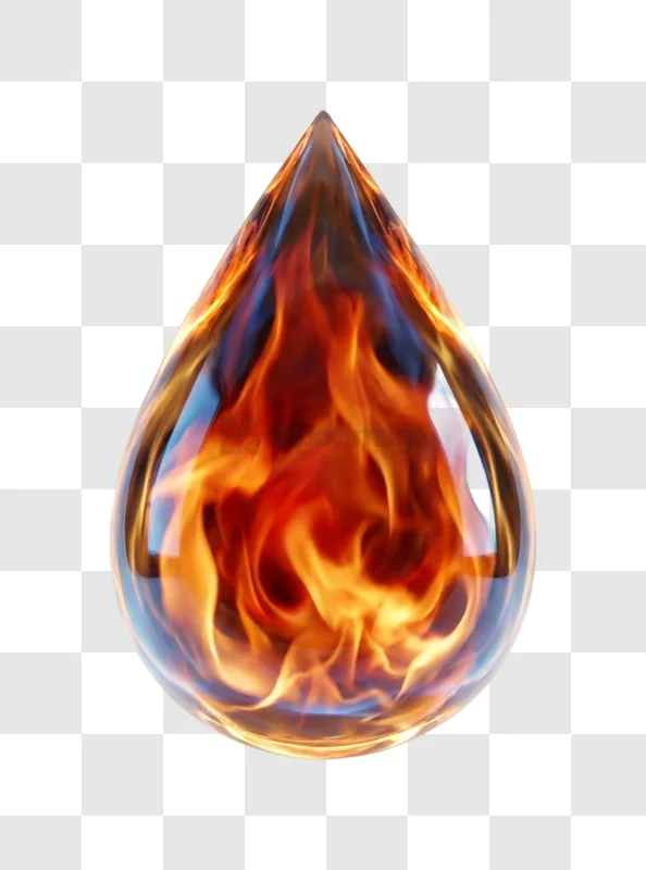 Fiery Water Drop With Vibrant Flames Inside, transparent background, glowing orange and blue flames