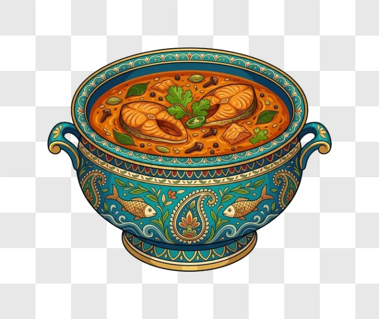 Fish Curry in Ornate Turquoise Bowl detailed illustration vibrant colors