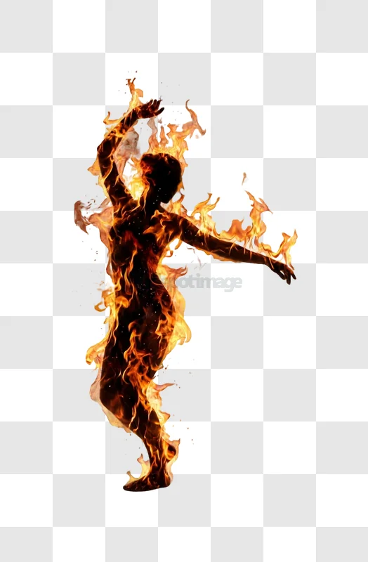 Flaming Human Silhouette Dancing in Fire vibrant orange fire transparent background
