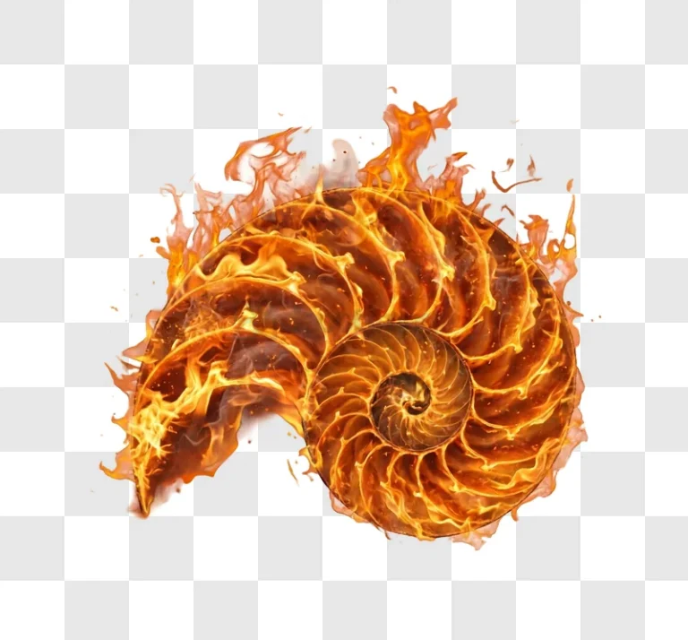 Flaming Spiral Shell in Fiery Embrace, fiery orange transparent background, detailed spiral
