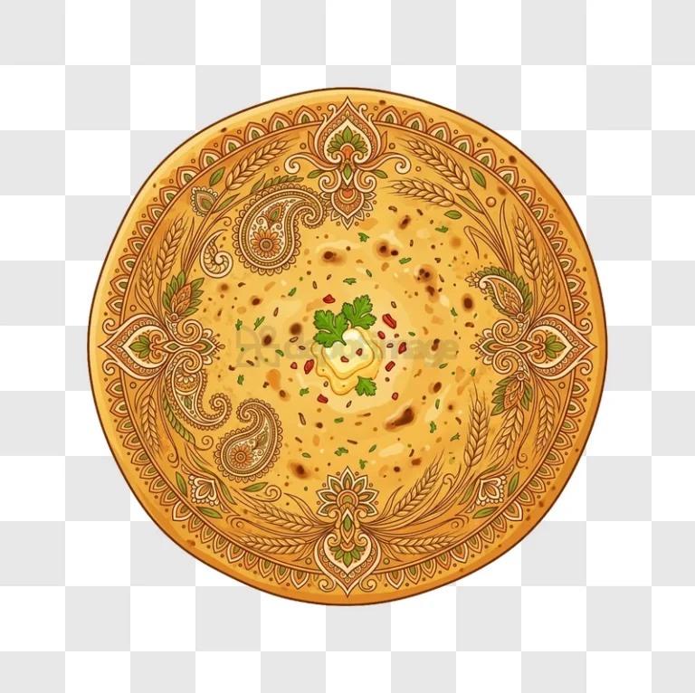 Flatbread With Butter and Paisley Art, intricate patterns, warm colors, top-down view