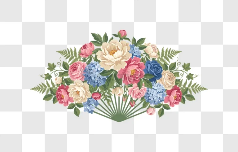 Floral Arrangement in Fan Shape Vector colorful roses peonies hydrangeas transparent background