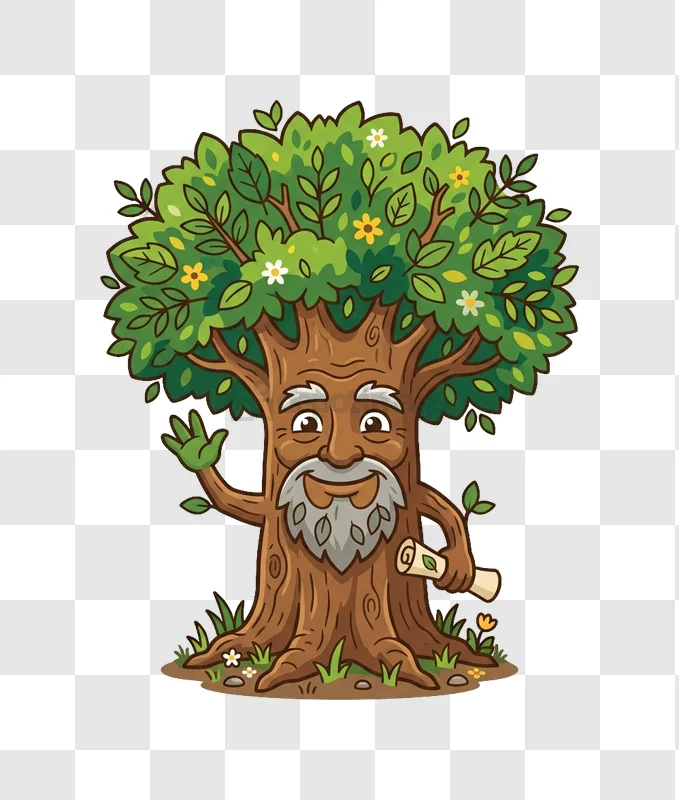 Friendly Tree Character Holding Scroll in Forest cartoon style, green leaves, brown trunk, transparent background