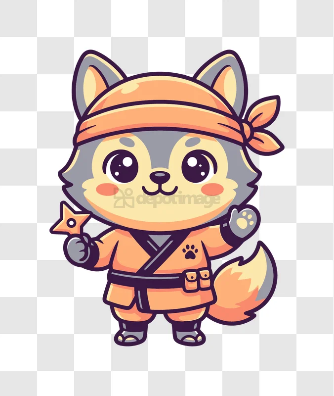 Funny Fox Ninja Cartoon cute character orange gray