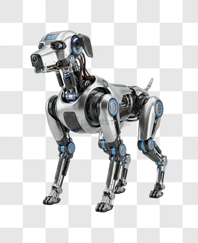 Futuristic Robot Dog Standing silver metallic detailed transparent background