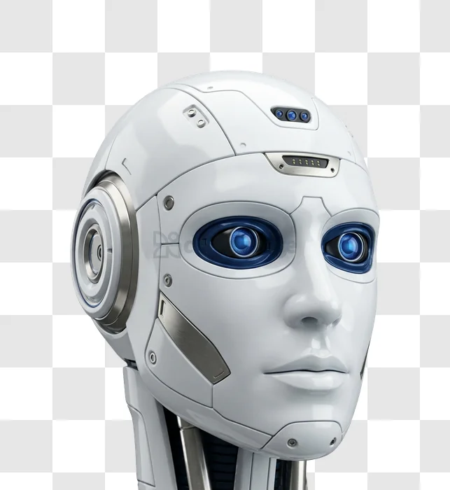 Futuristic Robot Head With Blue Eyes white silver 3d render