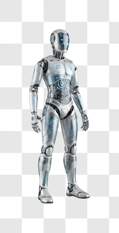 Futuristic Robot Standing With Transparent Body, white silver blue circuitry transparent background