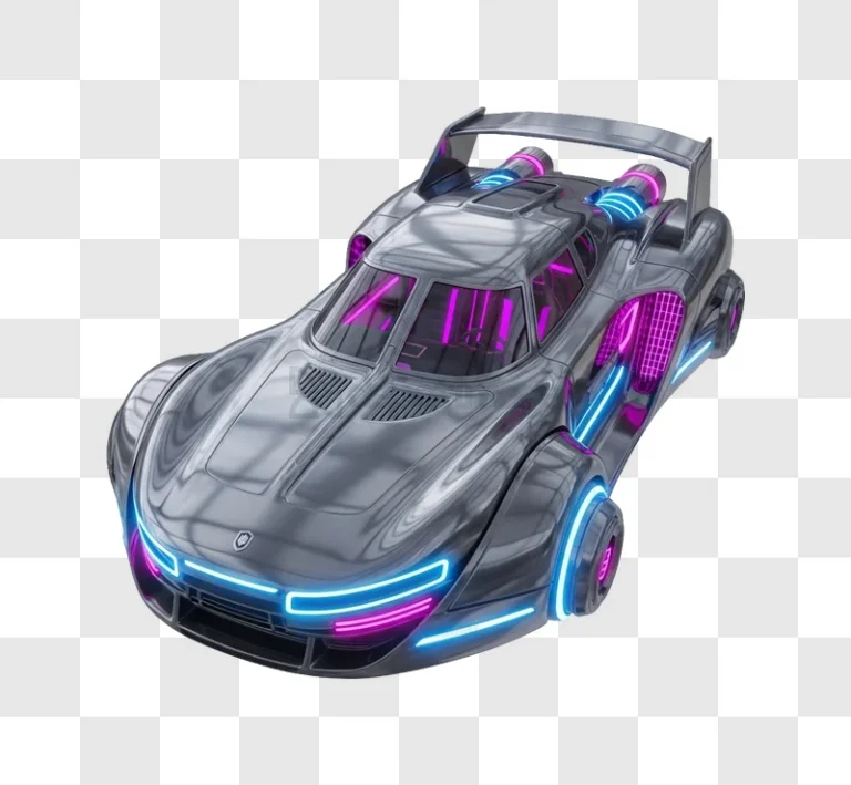 Futuristic Silver Car With Neon Lights 3D render metallic neon accents