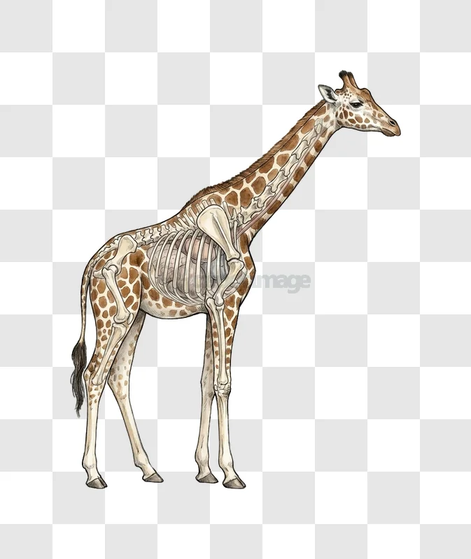 Giraffe Skeleton Illustration With Visible Bones detailed anatomical drawing transparent background