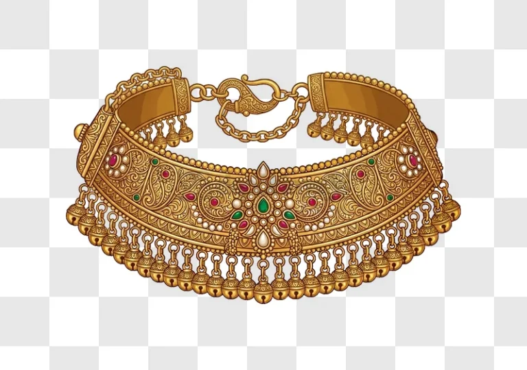 Gold Choker Necklace With Gems and Bells ornate gold, red green gems, transparent background