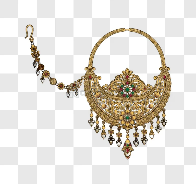 Gold Nath With Gemstones on Black intricate golden jewelry, red and green gems