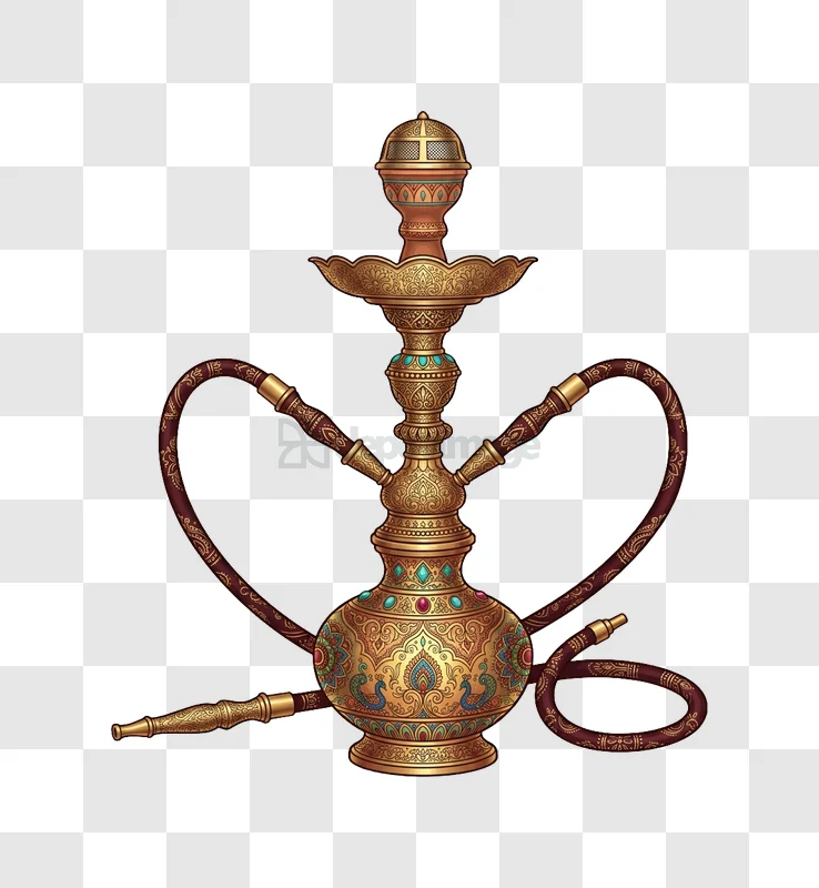 Golden Hookah With Jewels and Hoses ornate gold maroon transparent background