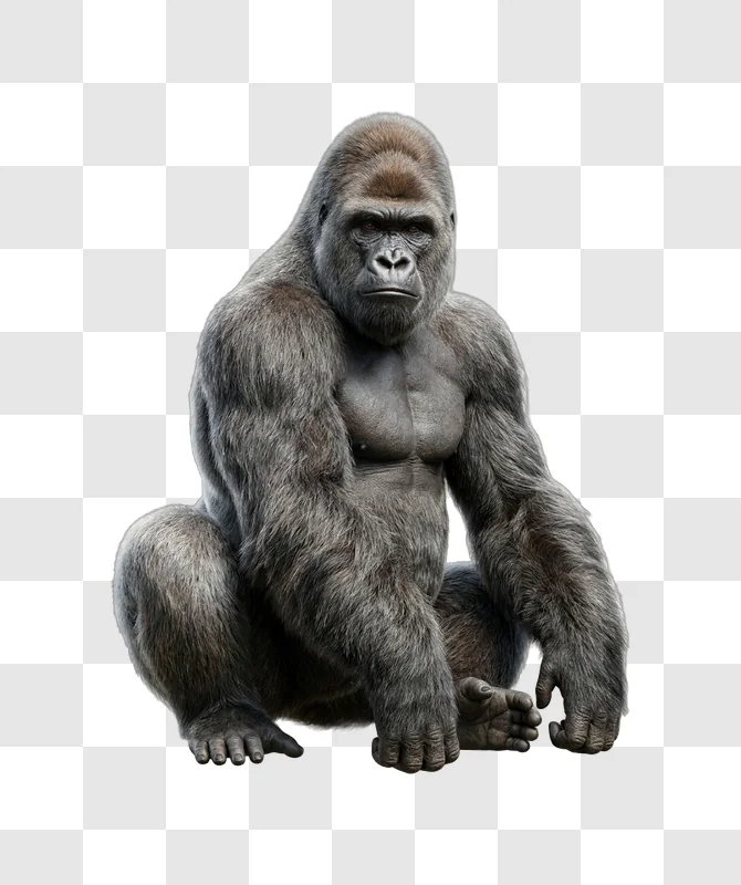 Gorilla Sitting With Muscular Build, silverback primate transparent background