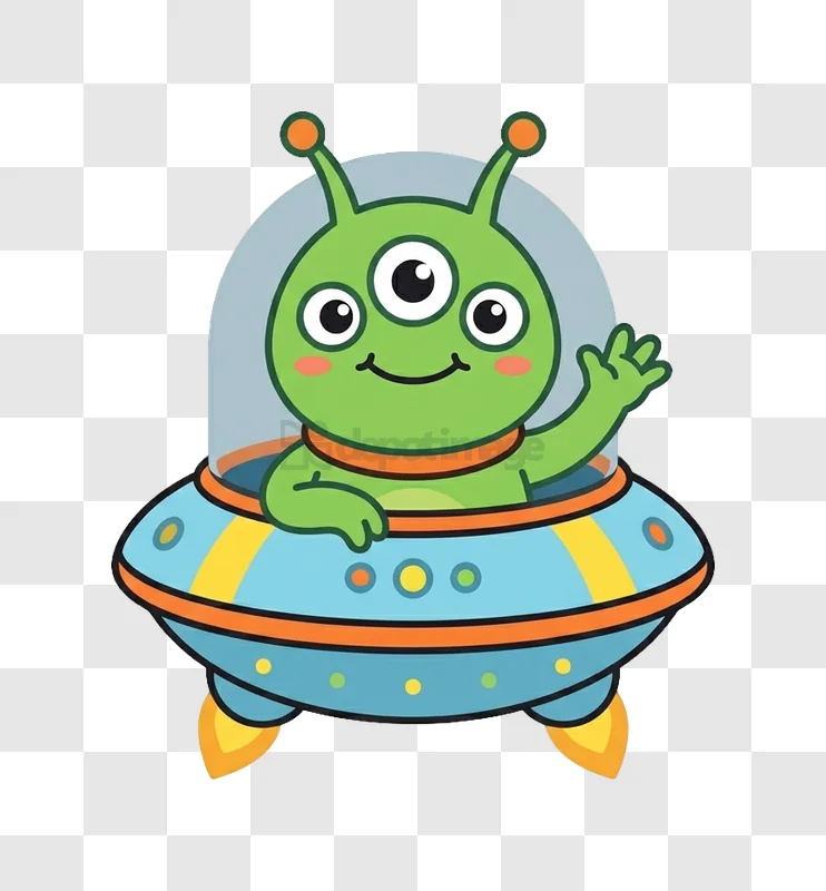 Green Alien Waving Inside Blue Spaceship cartoon illustration transparent