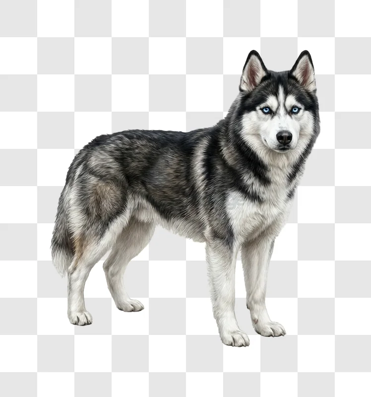 Grey Husky Standing Against transparent background detailed fur blue eyes