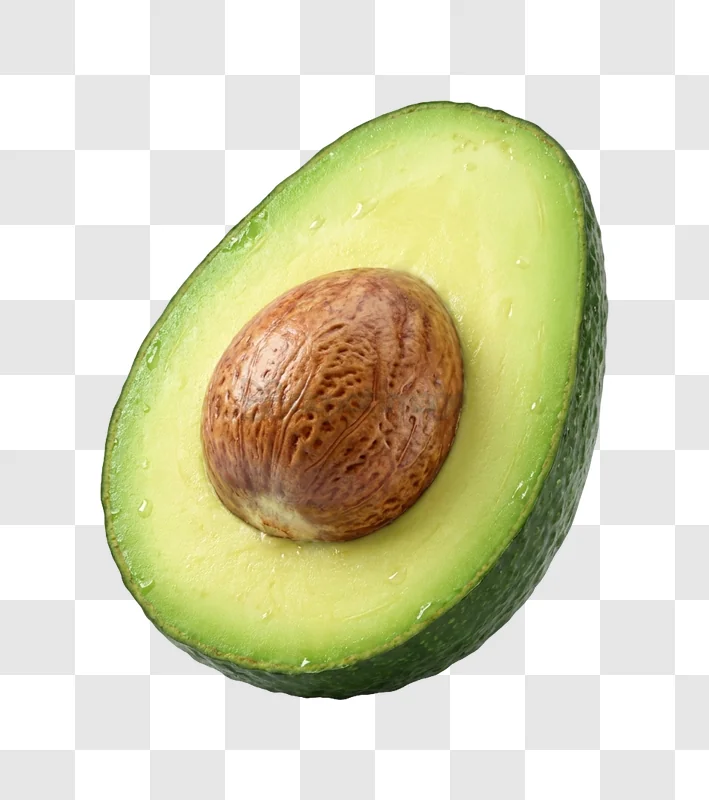 Half Avocado With Brown Seed, vibrant green flesh, brown seed, black background