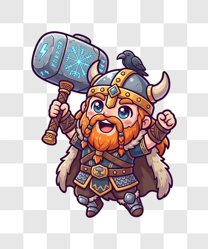 Happy Chibi Viking With Mjolnir cartoon style, vibrant colors, transparent background