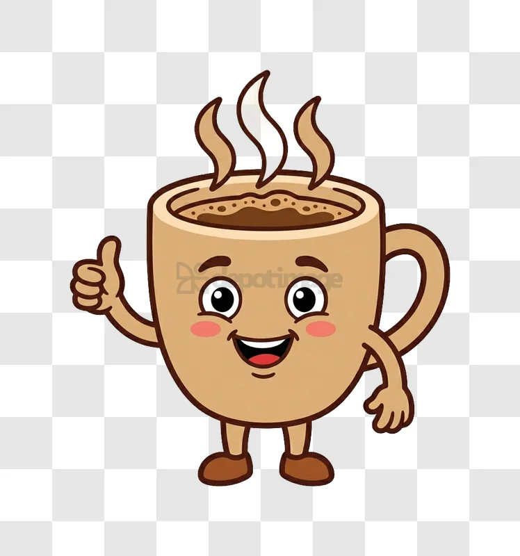 Happy Coffee Cup Giving Thumbs up Gesture, cartoon style transparent background