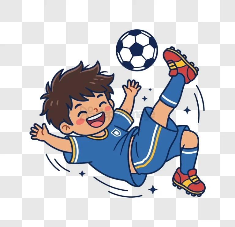 Happy Kid Playing Soccer Overhead Kick cartoon style transparent background