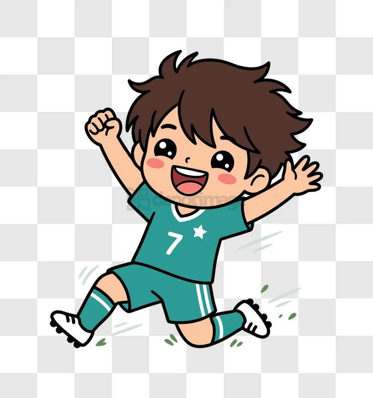 Happy Soccer Boy Jumping Celebrating Goal cartoon style transparent background