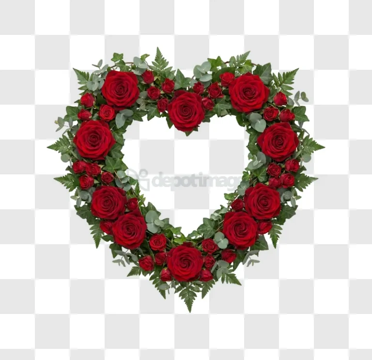 Heart Shaped Red Rose Wreath Floral Arrangement vibrant red roses green foliage transparent background