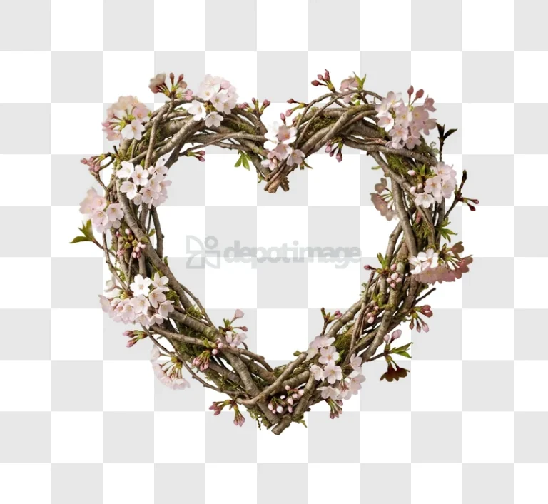Heart Shaped Wreath Made of Twigs and Delicate White Flowers rustic branches pink blossoms transparent background