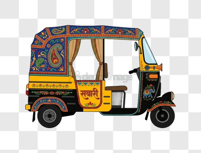 Indian Auto Rickshaw With Ornate Art colorful detailed illustration transparent background
