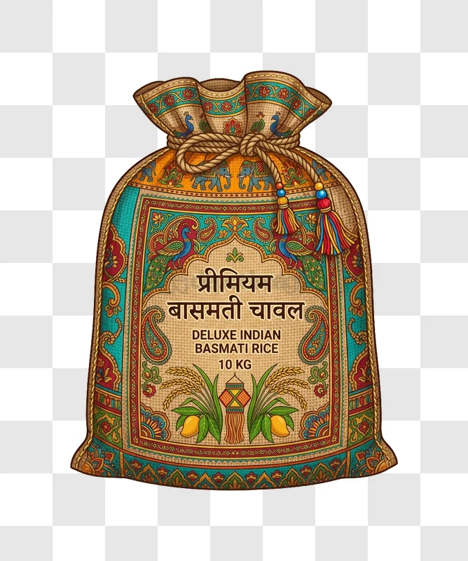 Indian Basmati Rice Bag Design colorful intricate patterns traditional