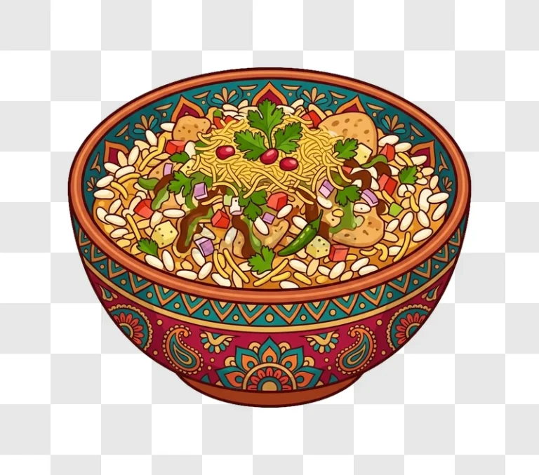 Indian Bhel Puri in Decorative Bowl vibrant colorful illustration