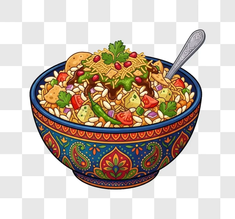 Indian Bhel Puri Snack Dish colorful cartoon illustration with spoon