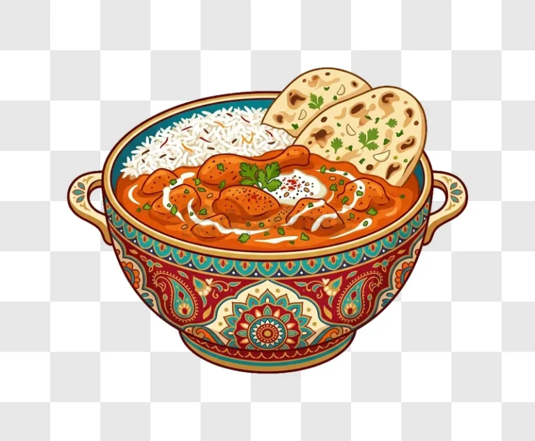 Indian Butter Chicken Naan Rice Bowl vibrant cartoon style in a decorated bowl