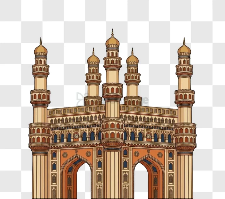 Indian Charminar Monument detailed illustration brown gold