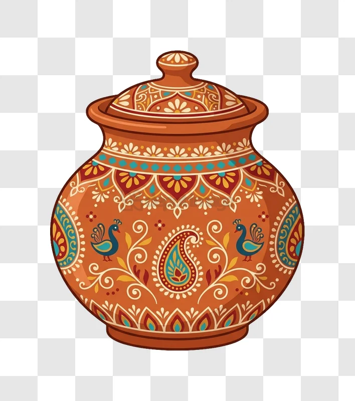 Indian Clay Pot With Folk Art traditional design colorful patterns
